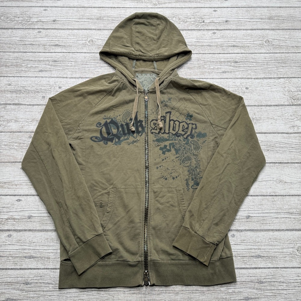 Y2K Quiksilver Hoodie Men's Medium Olive Green Graphic Zip Up Distressed Skater